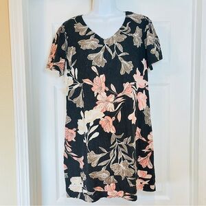 Nicole Miller Womens M Linen Blend Black Pink‎ Floral Short Sleeve Tiered Hem